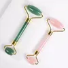 2 PC Zestaw Jade Walcowe Gua Sha Skrobak Naturalny Kryształ Rose Kwarc Rolki Masaż Neck Eye Body Beauty Health Care Tool