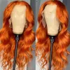 Orange färg brasiliansk människolegning naturlig lång kroppsvåg före plockad syntetisk spetsfront peruk för kvinnor5038932