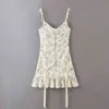 Lace Spliced ​​Floral Print Bodycon Mini Dress Kvinnor Strappy Sommar Boho Sundress Lace Up Vintage Ärmlös Klänning Vestido 210415