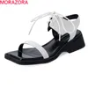 Morzora Sommar Äkta Läder Sandaler Kvinnor Fashion Square Heels Lace Up Casual Skor Blandade färger Kvinnor Sandaler 210506