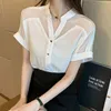 Biuro Lady Bluzka Moda V-Neck White Koszula Dorywczo Kobiety Odzież Solidna Krótki Rękaw Mesh Topy Blusas Mujer de Moda 9635 210508