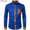 Dashiki Africain Hommes Chemise Patchwork Poche Africaine Imprimer Chemise Hommes Ankara Style À Manches Longues Conception Col Hommes Robe Chemises 210331