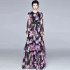 Summer Runway Flower Tulip Print Multilayer Cake Maxi Women Lantern Sleeve High Elastic Waist Chiffon Long Dress 210416