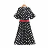 ZA Polka Dot Kemer Midi Elbise Kadın V Yaka Kısa Balon Kollu Kadın Zarif Ofis Yaz Elbise Ön Düğme Günlük Elbiseler 210602