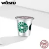 WOSTU 925スターリングコーヒーカップチャームティータイムビーズフィット女性のためのブレスレットバングルシルバー925ジュエリーCQC1545