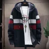 FALIZA Men's Striped Sweater Coat Thick Fleece Warm Zipper Wool Hooded Cardigan Jumpers Men Long Sleeve Knitted Sweaters XY110 211027