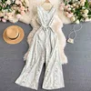 Neploe High Waist Hip Sashes Print Jumpsuits Women V Neck Sleeveless Shoulder Strapless Loose Playsuits Holiday Bodysuits Summer 210423