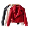 Красные искусственные кожаные пальто женщин отвороты карманы короткие куртки мотоцикл женская одежда свободная повседневная черная весна 210510