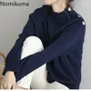 Nomikuma Gestrickte Pullover Frauen Herbst Winter Stil Einfarbig Lose Schulter Tasten Hälfte Rollkragen Pullover Jumper 3d503 210514