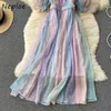 Neploe Rainbow Gradient Color Mesh Mid-Length Dress Women Slash Neck Holiday Fairy Vestido de Mujer Camisole Short Sleeve Robe Y0726