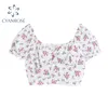 Floral Print Crop Toppar Skjortor Kvinnor Kortärmad Mori Girl Beach Square Collar Y2K Söt Blusar Kvinna Rok E-Girl Ins Blusas 210417