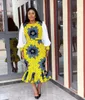 Women Printed Dress O Neck Patchwork Long Sleeves Midi Flower Bodycon African Fashion Large Size Ladies Package Hip Female Robes 210416