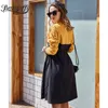 Streetwear Color Block O-ring Zip Up Midi Robes Printemps Femmes Col Montant Manches Longues Cordon Taille A-Line Robe 210510