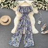 INS HOLIDAY STYLE Floral Print Jumpsuit Kvinnors Sommar Slash Neck Ruffles Sash Lace-up Wide Long Long Pants Boho Beach Rompers 210603