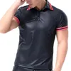 Men's T-Shirts Mens Male Faux Leather T-shirt Turn-down Collar Slim Fit Shirt Tops Short Sleeve Stage Performance Rave Costume Wetlook Clubw
