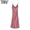 TRAF Women Chic Fashion With Buttons Side Slit Midi Camisole Dress Vintage Backless Thin Straps Female Dresses Mujer 210623