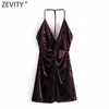 Zevity Women Sexy Deep V Neck Knotted Sling Mini Dress Femme Chic Velvet Party Vestido Backless Casual Slim Clothing DS4922 210603