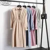 Female Winter Midi Bow Tie Dress Elegant Fashion Corduroy Women Autumn Korean Solid Lapel Long Sleeve 1 210506