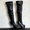 Rontic Handmade Mulheres Inverno Coxa Botas Espessas Plataforma Sexy Fino Salto Alto Salto Redondo Toe Charme Preto Festa Sapatos Mais Tamanho 5-20