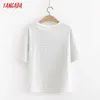 Tangada femmes rayé broderie coton t-shirt à manches courtes O cou t-shirts dames décontracté t-shirt Street Wear haut 2Y02 210609