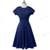 Nice-Forever Elegant Vintage Solid Färg Rund Neck A-Line Vestidos Pinup Business Party Women Flare Swing Dress A157 210419