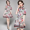 Bow Boutique Printed Dress Short Sleeve OL Summer Dress High-end Fashion Sweet Lady Dresses Party Dress