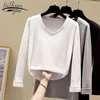 Camisa do decote em v Camisa das mulheres T de algodão de manga comprida Outono de fundo coreano magro slim com branco cinza preto 10476 210510