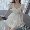 Verão Feminino V-Neck Lantejoulas Mesh Mini Dress Mulheres Elegante Sexy Hollow cintura Slim Cute Party Vestidos 210519