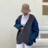 Qooth Splicing Denim Sweter Dzianiny Dla Kobiet V Neck Długi Rękaw Koreański Kurtki Kobiet Moda Odzież Styl QT320 210609