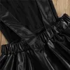 WenaZao Toddler Kids Baby Girls Spring Autumn Overall Black Faux Leather Ruffles Short Sleeve Backless Suspender Princess Dress G1129