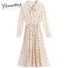 Yitimuceng floreale pinta fiocco pizzo pieghettato mini abiti donna vita alta scollo a V a-line moda primavera abito in chiffon 210601