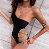 Costume da bagno sexy nero con una spalla ritagliata Fasciatura Lady Monokini Costumi da bagno interi senza schienale Costume da bagno donna Trikini 210407