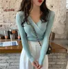 All-Match V-Neck Cross Women Pullovers Slim Female Stickad Sweater Tops Full Sleeve Jumpers Long 356A 210420