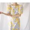 ファッション韓国の夏のドレス女性のランタンスリーブスリムウエストプリントマーメイドロングドレスvestidos 210520
