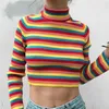 Women's Warm Sweater Female Fashion Rainbow Ladies High Collar Short Corp Tops Femme 210805
