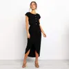 Elegant kortärmad knapp T-shirt klänning Hög split Loose casual långa klänningar sommar spets upp tunika svart asymmetrisk vestidos 210507