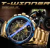 Vencedor luz azul vidro nova moda relógios masculinos preto dourado aço inoxidável à prova dwaterproof água esporte relógio automático luminoso clock304n