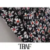 TRAF Femmes Chic Mode Floral Imprimer Mini Robe Plissée Vintage Side Zipper Bow Noué Bretelles Fines Robes Femelles Mujer 210415