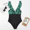 Sexy Ruffle Swimsuit Mulheres Folha Print Swimwear Feminino Deep V Banhos De Banho De Verão Vista de Verão Monokini Bather 210521