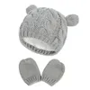 Baby Gebreide mutsen met mooie kleine oren en volledige vingerhandschoenen 2 stks set peuter kinderen winter warme hoed garen dikke sneeuw cap gorro zwart wit grijs roze effen kleuren