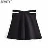 Kvinnor Chic Design Waist Hollow Out Casual A Line Skirt Office Ladies Solid Color Back Zipper Slim Kjolar Mujer QUN741 210416