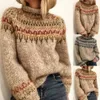 Kvinnor Vintage Turtleneck Print Loose Sweater Indie Folkstil Harajuku Pullover Vinter Striped stickade toppar Jumpers 210428