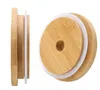 2021 Hot Bamboo Cap Lids 70mm 88mm قابلة لإعادة الاستخدام من الخيزران ماسون جرة مع ثقب القش وختم السيليكون