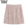 TRAF Frauen Chic Mode Büro Wear Tweed Minirock Vintage Hohe Taille Zurück Reißverschluss Weibliche Röcke Mujer 210415