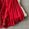 Vintage rood / geel / wit uitgehold kant party lange jurk vrouwen elegante O-hals geplooide vestidos vrouwelijke chiffon robe lente val y0603