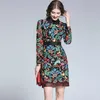 Wiosna Wysokiej Jakości Kwiatowy Haft Dress Elegancka Moda Casual Vintage Długi Rękaw Kobiety Wieczorowe Dresses 210529