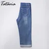 Tataria plus storlek stretch capris jeans kvinnor knä längd denim kvinnors mager med en hög midja kvinnlig sommar 210514