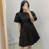 Women Black Korea Chic Puff Sleeve Loose Casual Ladies Summer Product Pleated Dress Trendy Clothing Vestido 16W832 210510