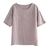 Sommarkonst Stil Kvinnor Kortärmad Tee Tee Femme Bomull Linen Vintage Broderi T-shirt Solida Tops S804 210512