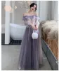 Nieuwe paarse bruidsmeisje feestjurken 2021 lange elegante tule met mouwen A-lijn Niet-overeenkomende prom jurk formele trouwgelegenheid